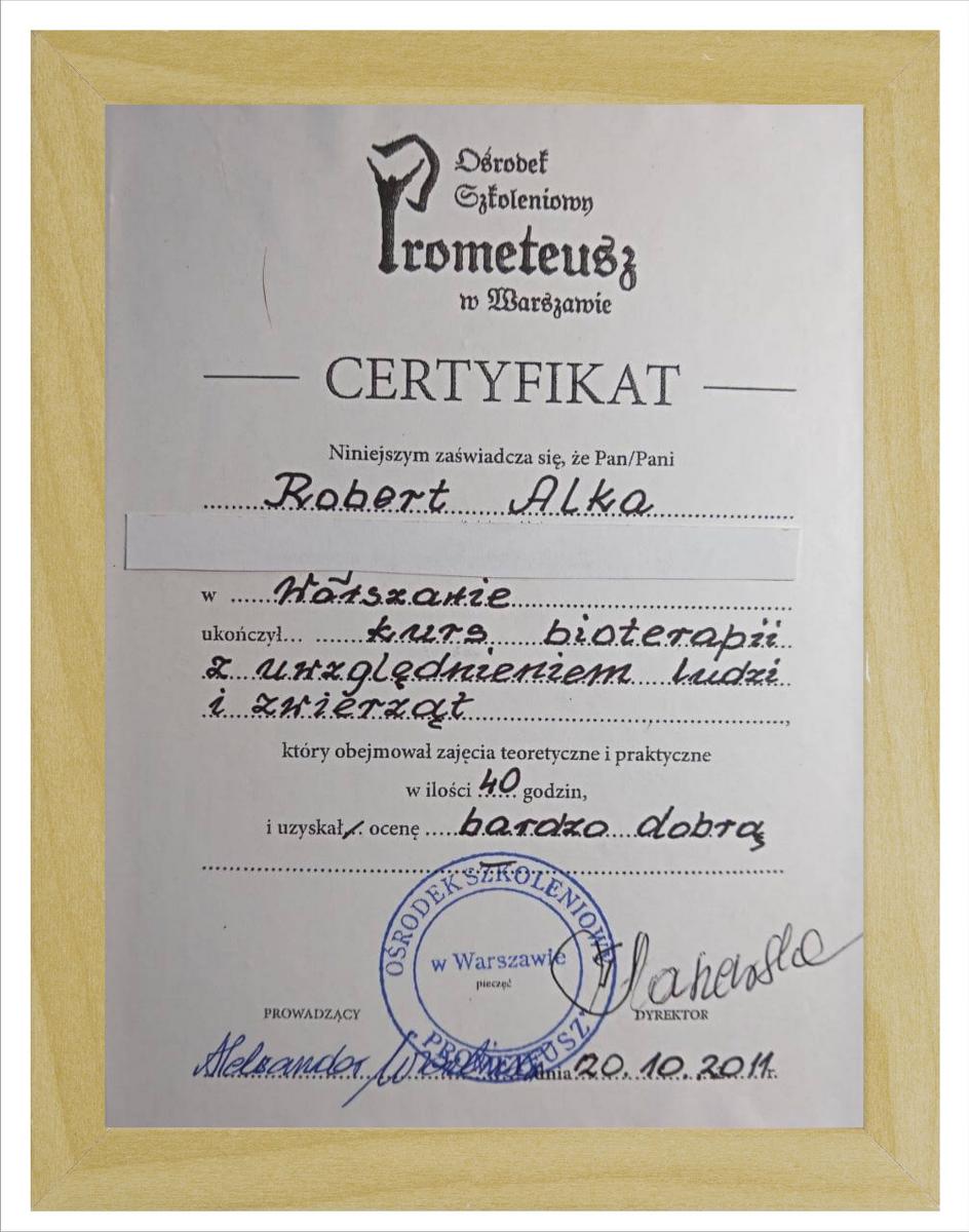 Certyfikat ukończenia kursu bioterapii